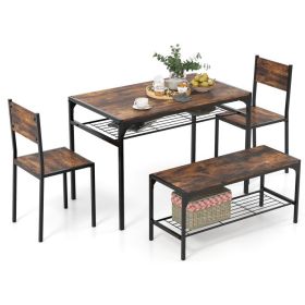 Industrial Style Rectangular Kitchen Table with Bench and Chairs (Color: Rustic Brown)