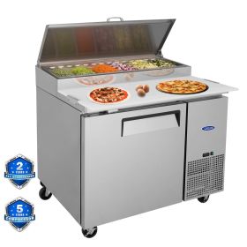Orikool 44 IN Commercial Pizza Prep Table with a Built-in Refrigerator 11 Cu.Ft, Butcher Block Cutting Board, Protection Lid, Cold Storage (Color: as Pic)