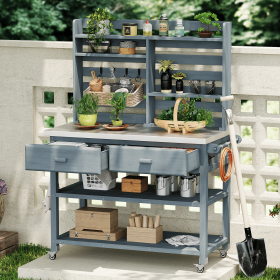 64.9"H Outdoor Potting Bench Table with Lockable Wheels, Solid Wood Outdoor Kitchen Island with Upper Hutch, Stainless Steel Top, Towel Rack (Material: Wood + Stainless Steel, Color: Grey+Blue)