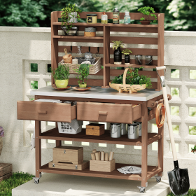 64.9"H Outdoor Potting Bench Table with Lockable Wheels, Solid Wood Outdoor Kitchen Island with Upper Hutch, Stainless Steel Top, Towel Rack (Material: Wood + Stainless Steel, Color: Brown)